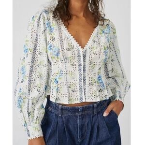 BNWT Free People Blue Green Floral Long Sleeve Eyelet Blouse